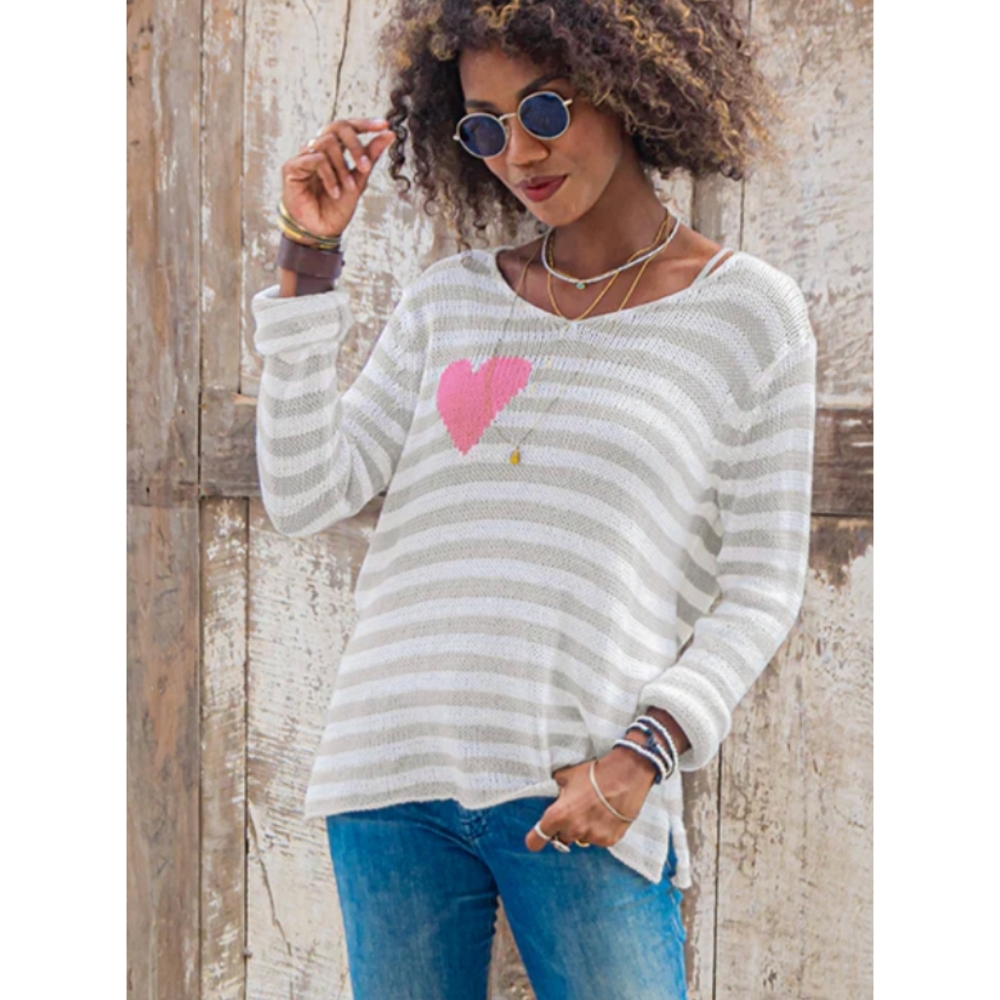 WOODEN SHIPS Eloise Striped Heart V-neck Knit Sweater White Beige Pink M/L